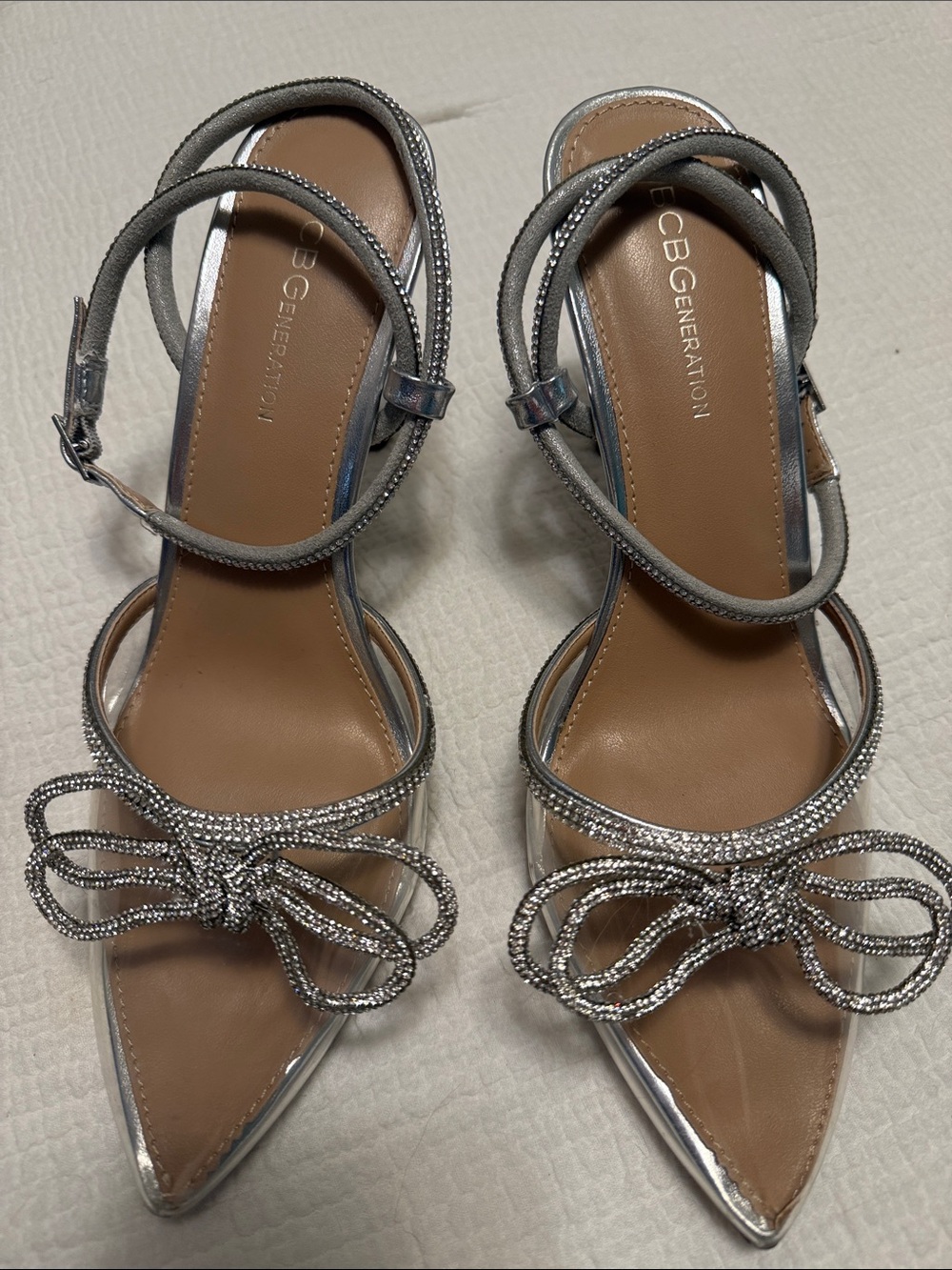 BCBGeneration Silver Crystal Bow Pointed-Toe Heels